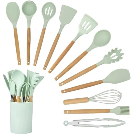 Kitchen Utensil Set, 12 PCS Silicone Cooking Utensils Set with Wooden Handle, Heat Resistant, Nonstick Cookware Tongs Spatula Spoon Set, Dishwasher Safe, Best Kitchen Tools (Green)