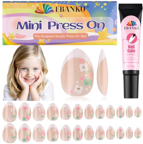 EBANKU 24 Stück Press-on-Nägel für Kinder, Mini-Blumen-Kunstnägel French Press-on-Nägel Kurze künstliche Kunstnägel-Sets für Mädchen mit Nagelkleber | Press-on Nail Kurze Künstliche Falsche Nail Kits für Kinder Mädchen mit Nagelkleber