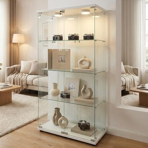 Lumivortex Vetrina in vetro con illuminazione a LED, 80,6 x 36,5 x 164,5 cm, due ante bloccabili, vetrina in vetro con 3 ripiani in vetro, vetrina per soggiorno, camera da letto (bianco)