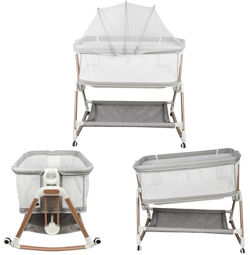 homewell 2 in 1 Beistellbett Baby & Babywiege, Faltbar, 6 Fach Höhenverstellung und Neigungsverstellung, Seiten aus Netz, für Zuhause und Unterwegs (Grau)