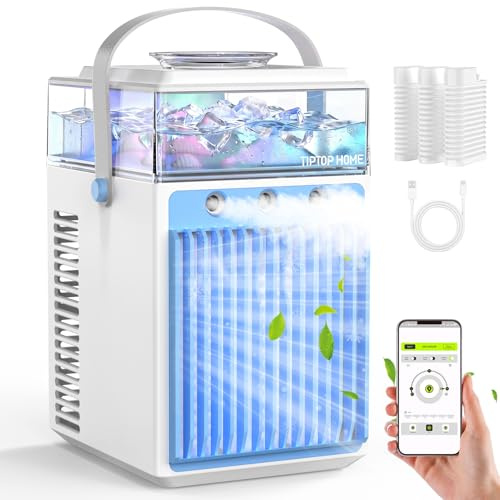 Portable Air Conditioner, 5 in 1 Mini Air Cooler Fan with 3 Speeds & 3 Spray & App Control & Timers, Mobile Air Conditioners Quiet Evaporative Cooling Fan for Bedroom Home Office, 6 Ice Bottles