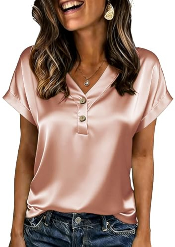 ABINGOO Blusa Mujer Satén Cuello en V Manga Corta Elegante Camisas | Ligera Confort Color Sólido Camiseta Holgada Casual Tops con Botones