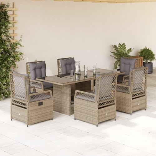 Woonisher Gartenmöbel Set 7-TLG. Essgruppe Beige, Esstisch mit 6 Stühlen Set Eckbankgruppe, Terrassenmöbel Außen Poly Rattan mit Kissen für Garten Terrasse