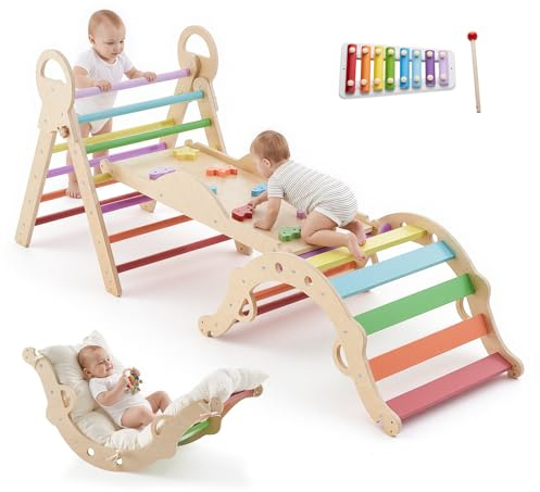 VEVOR Set Triangolo Pikler Struttura Arrampicata 9 in 1 per Bambini Piccoli, Portata 68 kg uso Interno, con Xilofono Cuscino Triangolo Arco e Rampa, Set Montessori Pieghevole per Crescita Equilibrio