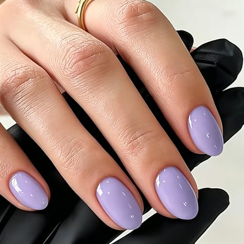 KQueenest Press on Nails Short Almond, 32 Pcs 16 Sizes Soft Gel False Nails Press ons, Glossy Full Cover Natural Fake Nails Stick on Nail for Women at Home Manicure, Lavender Purple