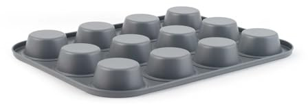 H&H Stampo Muffin 12 Posti Deli Chef 35,5 cm in Alluminio con Rivestimento Antiaderente – Colore Grigio – Teglia per Muffin e Cupcake – Lavabile in Lavastoviglie – Ideale anche per Uso Professionale