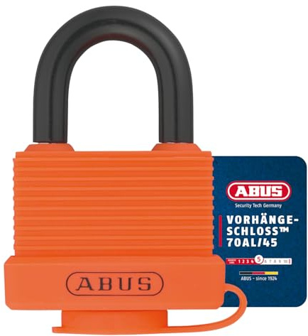 ABUS Vorhängeschloss 70AL/45 aus massivem Aluminium - wetterfest - mit Schutzkappe und Kunststoffummantelung - gleichschließend 6401 - Orange | Outdoor-Sicherung mit Schutzkappe, Drainage-Kanälen, Präzisionszylinder, Sicherheitslevel 5, inkl. 2 Schlüssel