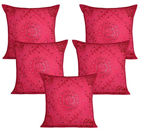 Stylo Culture Bohemio Fundas para Almohadones Decorativos 60x60 cm Algodón Espejado Fundas Cojines Sofa Rosa 24x24 Inch Bordado Cuadrado sobre Fundas Almohadones para Sillas - 5 Pcs