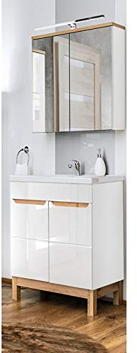 Lomadox Badrmöbel Waschplatz Set in Hochglanz weiß mit Eiche, 60cm Waschtisch-Unterschrank mit Keramik-Waschbecken & LED-Spiegelschrank