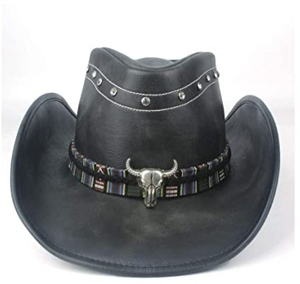 RHXWFDG Chapeau de Cowboy 100% Cuir Noir à Large Bord pour Hommes et Femmes Chapeau de Cowboy Occidental Classique avec Ceinture de Transpiration