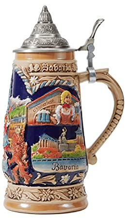 HAUCOZE Bierkrug mit Deckel Bierseidel Steinkrüge Deutschland Oktoberfest Beer Stein Mug München Geschenk für Vater Männer Geburtstag 1.0Liter