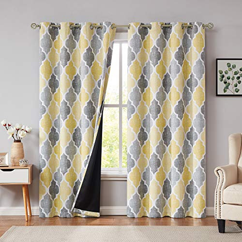 Beauoop Yellow Grey Blackout Curtains for Bedroom 72 Inch Drop Geometric Curtains Lattice Moroccan Print Room Darkening Thermal Insulated Energy Efficient Window Curtain Drapes 2 Panels