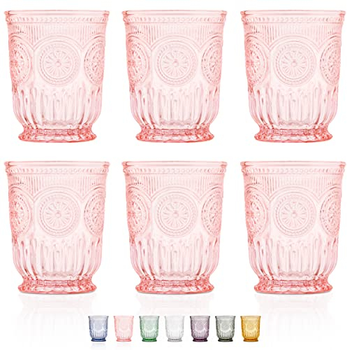 Yungala Pink Glass Cups, set of 6 pink drinking glasses for lovers of vintage pink glassware. Perfect as juice glasses or water glasses for the dining table.