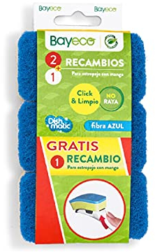 Bayeco - Recambio Estropajo con Mango - No Raya - Especial para Superficies delicadas y antiadherentes - Sistema de fácil colocación - Color Azul - Pack 3 Unidades