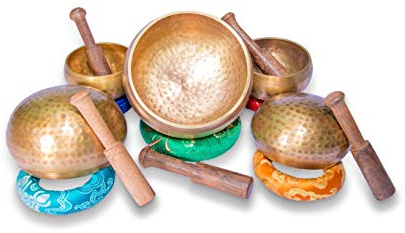 Tibetische Klangschalen-Set, 5 Stück, authentische 7 Metalle, Meditations-Soundschale für Yoga, Chakra-Heilung, tiefe Entspannung, handgefertigt in Nepal, mit Seidenkissen und 5 Stäbchen
