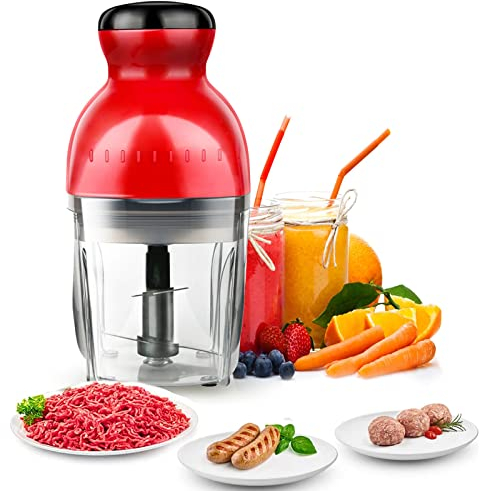 Frullatore Tritatutto Elettrico con Ciotola Vetro/Acciaio Inoxà, 500ML Tritatutto da Cucina Elettrico, Lama in Acciaio Inox a Quattro Taglienti, Tritacarne Miniper Frutta,Verdura,Spezie,Rosso
