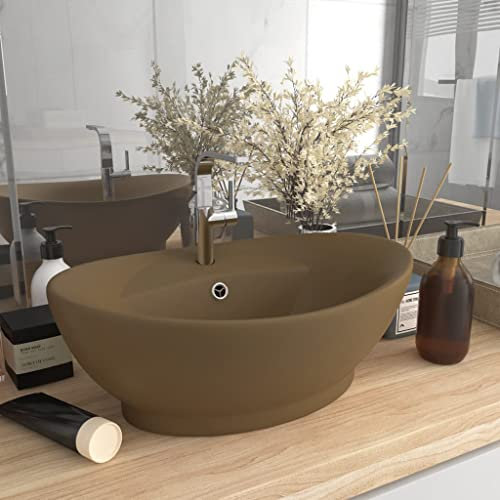 HOMIUSE Luxus-Waschbecken Überlauf Oval Matt Creme 58,5x39cm Keramik Waschbecken Waschtisch Aufsatzwaschbecken Badunterschrank Waschbecken GäSte Wc Waschbecken Aufsatzwaschbecken Dekorativ