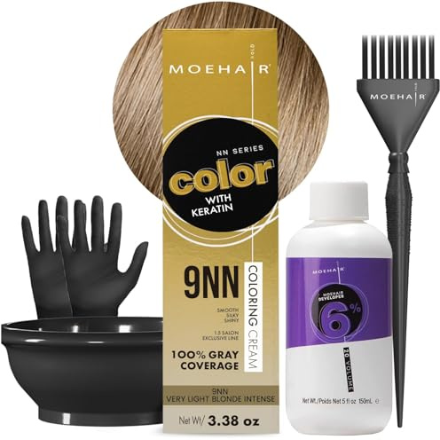 MOEHAIR Hair Coloring Kit | 9NN Permanent Hair Color (Very Light Blonde Intense), 20 Volume Developer 6%, Coloring Brush, Gloves & Mixing Bowl| Keratin Infused Color | Gray Coverage | Adds Shines