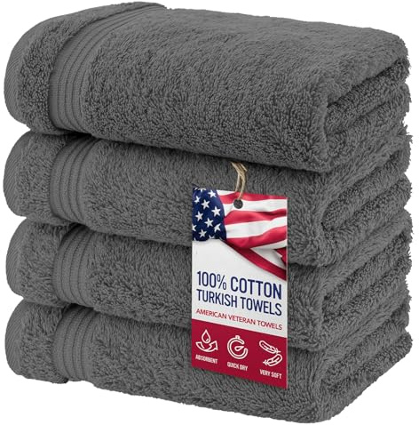 American Veteran Towel, Juego de 4 toallas de mano para baño, 100 % algodón, toallas de mano turcas suaves, toallas de mano gris oscuro