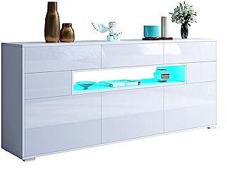 BESTWANTED Sideboard LED Sideboard Aufbewahrungsschrank Weiß Glänzend Sideboard für Wohnzimmer TV Einheit 2 Türen und 3 Schubladen Wohnmöbel, (BW-SD06)