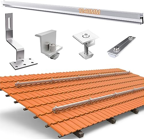 TEOV PV Montageset Ziegeldach, Befestigung Solarmodul Halterung mit 1240mm Montageschiene und Dachhaken, Solarpanel Halterung mit Endklemme Und Mittelklemme 30mm, für 4 Solarmodule