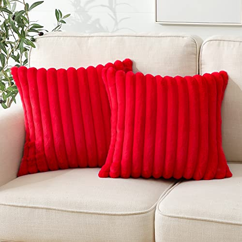 Soleebee 2er Set Plüsch Samt Kissenbezüge, Weiche Künstliche Pelz Dekorativ Kissenbezug Sofa Zierkissenbezüge Dekokissen Kissenhülle Set für Couch Schlafzimmer Zuhause Auto Dekor (60x60cm, Rot)
