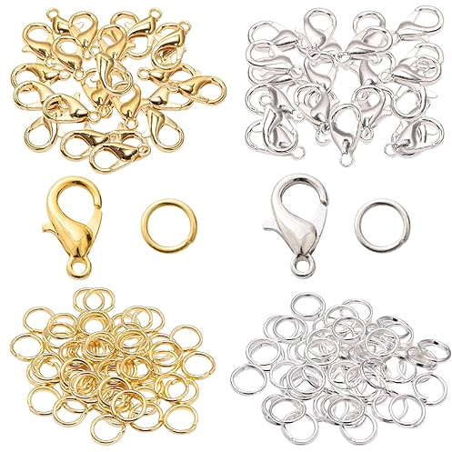 Pamtns 100 Stück Kettenverschluss Hummerverschluss 12mm und 300 Stück Biegeringe Armbandverschluss-Set Karabinerverschlüsse Metallringe zum Basteln für Diy Halsketten Ohrringe Anhänger Gold Silber