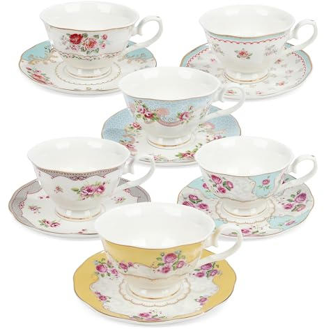fanquare Tazza da Caffè e Piattino in Porcellana Colorata e Floreale, Set di Tazze da Tè Inglesi per 6 Persone, Set da Tè da Donna con Rose Vintage, FKT0565A