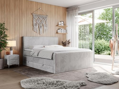 MKS MEBLE Boxspringbett Doren King 140x200 cm, Polsterbett mit Kopfteil und Bettkasten, Bett mit Multipocket-Matratze H3, Boxspringbett mit Topper T25 - Hellgrau Velvet