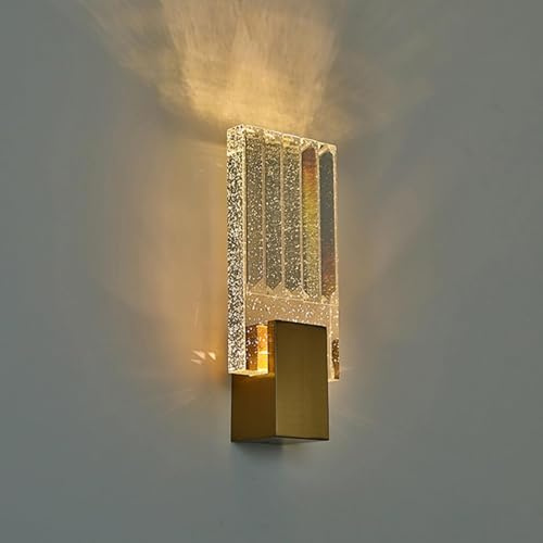KRUIHAN 5W LED Gold K9 Kristall Wandleuchte Innen, 3 Farbwechsel, 1 Stück | Kupferrahmen mit Luxuriösem Blasen-Kristallschirm, Flimmerfreie Integrierte LED Wandlampe für Nachttisch, Flur, Treppenhaus