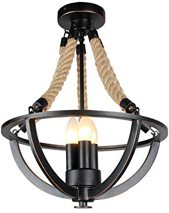 UNbit Vintage Iron Metal Ceiling Light Retro Industry Rustic Hemp Rope Suspension Lamp E27 Restaurant Kitchen Island Hanging Lantern Iron Basket Semi Flush Mount Ceiling Lamp Durable Light