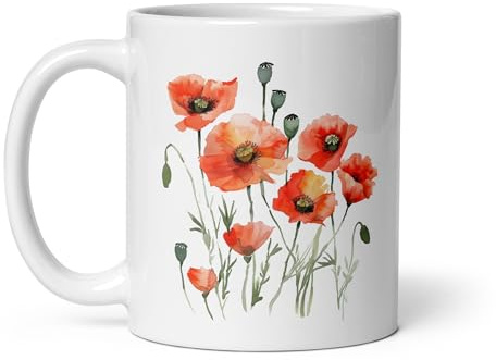 Chatcripant Taza Flores – Taza Amapola, Girasol, Tulipán y Rosa – Mug Floral de Cerámica 325 ml – Naturaleza y Decoración – Idea de Regalo (Amapola)