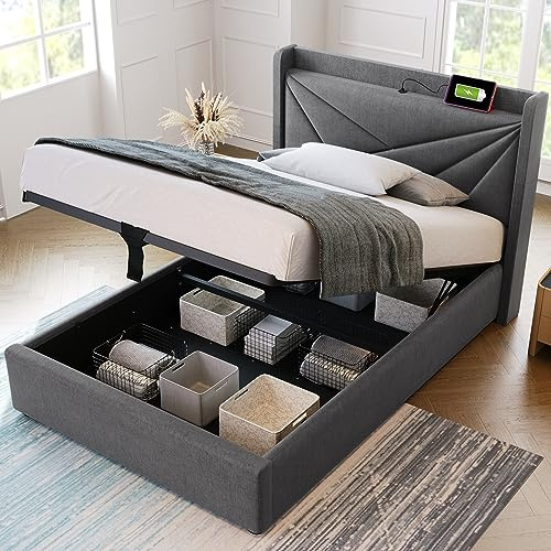 Rtopsu Polsterbett Einzelbett 90x200 cm mit USB-Typ-C-Kopfteil, Bett mit Stauraum, Bettgestell mit Hydraulisch Metallrahmen und Lattenrost aus Holz, Leinen, Grau, Ohne Matratze