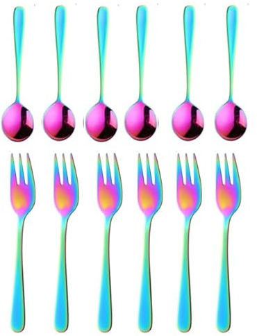 RETON 12 Fourchettes à Dessert et Cuillères en Acier Inoxydable, 3 Dents Cake Fruit Fourchette et Cuillère à Café pour Maison, Mariage, Restaurant, Cadeau de Noël