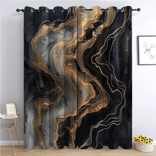 XCQHZYQ Blickdichte Vorhänge Marmorierte Goldene Linien Weiche Thermovorhang Gardinen Blickdicht mit Ösen H 229 x B 168 cm 2er Pack, Verdunkelung Ösenschal Wohnzimmer Schlafzimmer