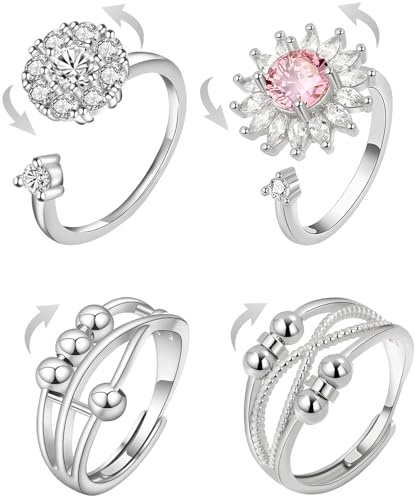 Gensmile Stresslindrande fidgetringar, humörring, 4 stycken stresslindrande ringar, vridbar ring med zirkonia, fina som presenter till kvinnor och män, Metall