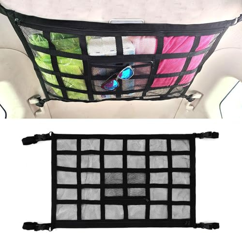 Golgner Gepäcknetz Auto für Aufbewahrung, Autodach Gepäcknetz Decke, Doppellagige Autodach Aufbewahrung, Netztasche mit Reißverschluss, für Vier Dach Armlehnen, Autos, Van, SUV, Jeeps, 90X65CM