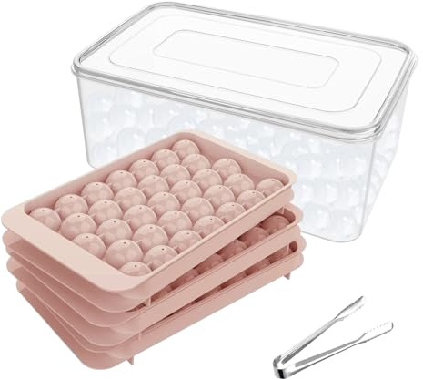 Miaowoof Eiswürfelform mit Deckel und Behälter, 2,5 cm x 99 Stück Runde Eiswürfel, Non-BPA Eiswürfelbehälter mit Deckel für Eis, Cocktail, Kaffee, und Tee, Platzsparend und Stapelbar (Rosa)