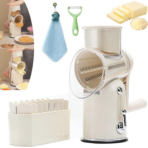 Humidity 5 In 1 Rotary Grater, Rotary Cheese Grater with handle, Multifunctional Vegetable Cutter & slicer, With Blade Storage Box And 5 Group Interchangeable Stainless Blades (Khaki)
