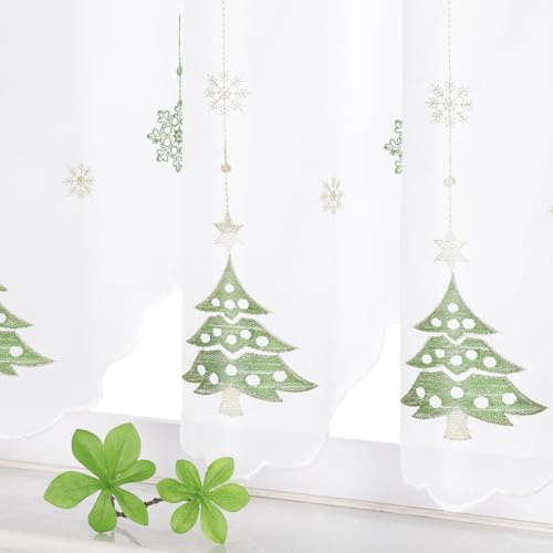 Yujiao Mao Weihnachtliche Voile Scheibengardine Weiß mit Grünem und Goldenem Weihnachtsbaum-Muster Halbtransparent Gardine mit Stangendurchzug für Küche und Wohnzimmer 1 Stück, grün HxB 45x140cm