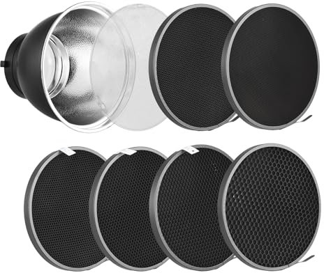 Andoer 7 Inch Standard Reflector + 6pcs Photography Honeycomb Grid + 1pcs Diffuser Board kit with 10°/20°/30°/40°/50°/60° Honeycomb Lamp Shade Grid for Bowens Mount Studio Light Strobe Accessory