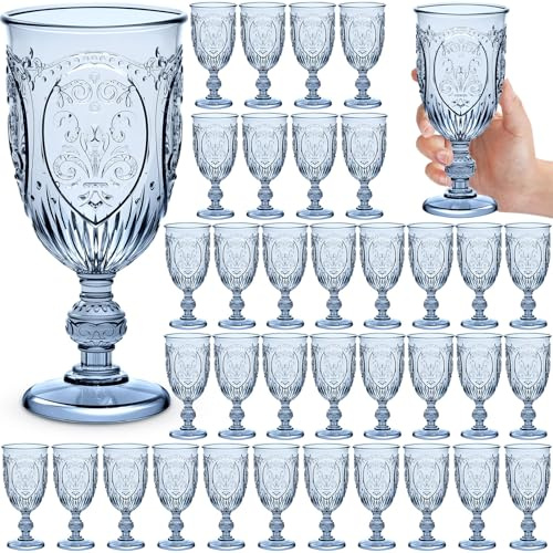 Wiwiqing 36 Pack Plastic Goblets 10oz Upgrade Vintage Water Goblet Plastic Wine Glasses Colored Retro Embossed Glassware for Party Wine Bar Juice Baby Shower Wedding Reception Grand (Blue)