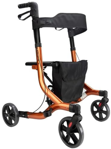 Millercare GoLite 4 Wheel Rollator - Foldable Walking Aid with Adjustable Height & Comfortable Seat - Lightweight Rollator for Elderly or Disabled - Perfect for Indoor & Outdoor Use (Orange)