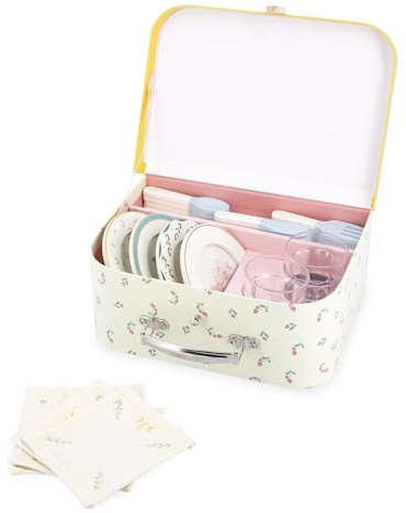 Janod - Valisette Dinette Holz - Picknickset für Kinder - Für 4 Personen - 25 Teile - Valisette aus Karton - Ideal als Küchenzubehör für Kinder - Fördert die Vorstellungskraft - Ab 3 Jahren - J06637
