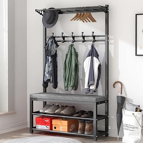 Porte-Manteau en Métal 100X33X172CM Vestiaire Portant Vêtements Etagère portemanteau sur Pied avec 10 Crochets et Étagère à Chaussures à 3 Niveaux Armature Métallique,Noir