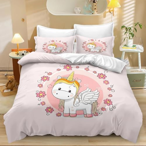 Fadaing Einhorn Bettwäsche 135x200 Regenbogen Einhorn Bettbezug Set Kinder Microfaser Cartoon Pferd Bettwäsche-Set Mit Reißverschluss Und Kissenbezug(9,Single 135 X 200 cm)