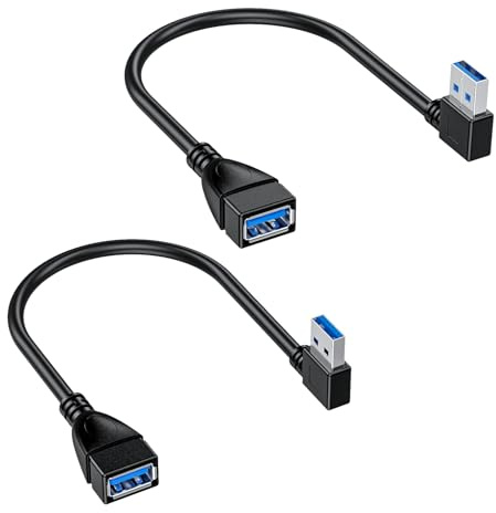 LUKFOCAB Flat Right Left Angle USB 3.0 Extension Cable 2 Pack, 90 Degree USB Type A Male to Female Super Fast 5Gbps Data Cord, Ideal for Laptop, TV, USB Disk, Mouse, Hard Disk, Webcam, 10 in / 25 CM