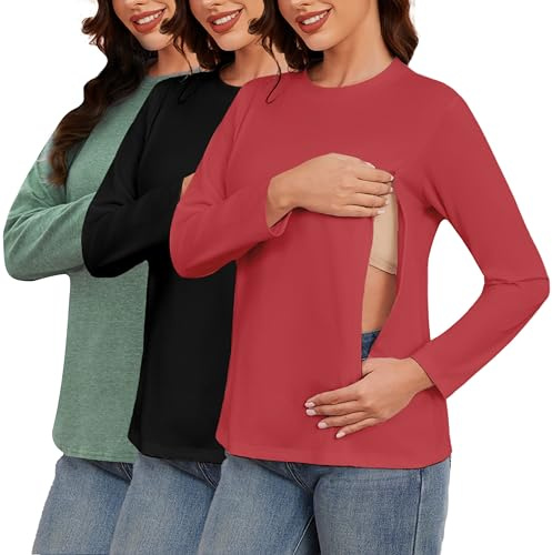 Love2Mi Confezione da 3 Magliette Premaman a Maniche Lunghe con Cerniera per l'Allattamento, T-Shirt per Donne Incinte, XXL