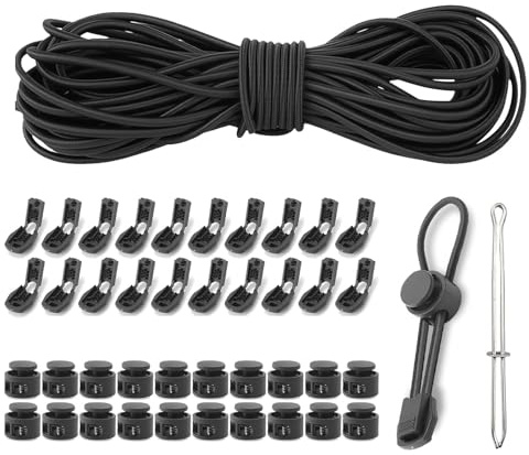 Juego de cuerda elástica redonda, 10 m × 3 mm, negro, con 20 topes y accesorios para mochila y cordón de goma