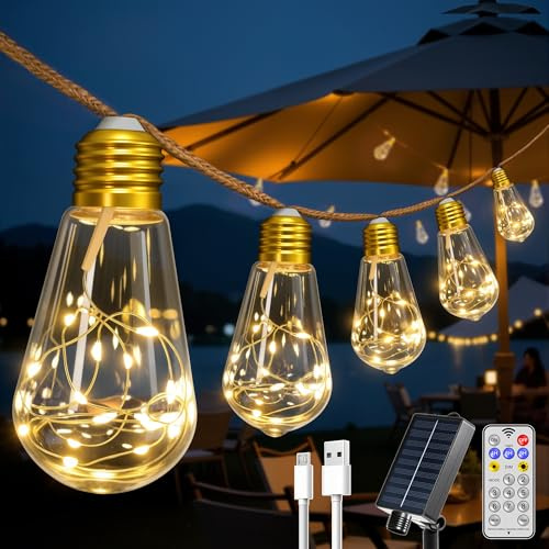 HeiPard Solar Lichterkette Aussen mit 7.5M/16 S17 LED-Glühbirnen, 8 Modi USB Außen Wetterfest Warmweiß Lichterketten, IP45 Wasserdich,Vintage Outdoor-Dekor für Garten, Balkon, Hochzeit, Party